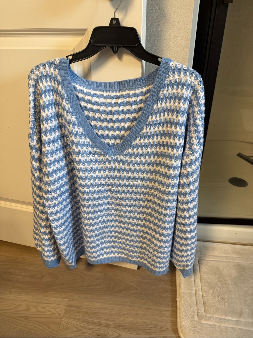 Cozy V-Neck Blue & White Knit Sweater